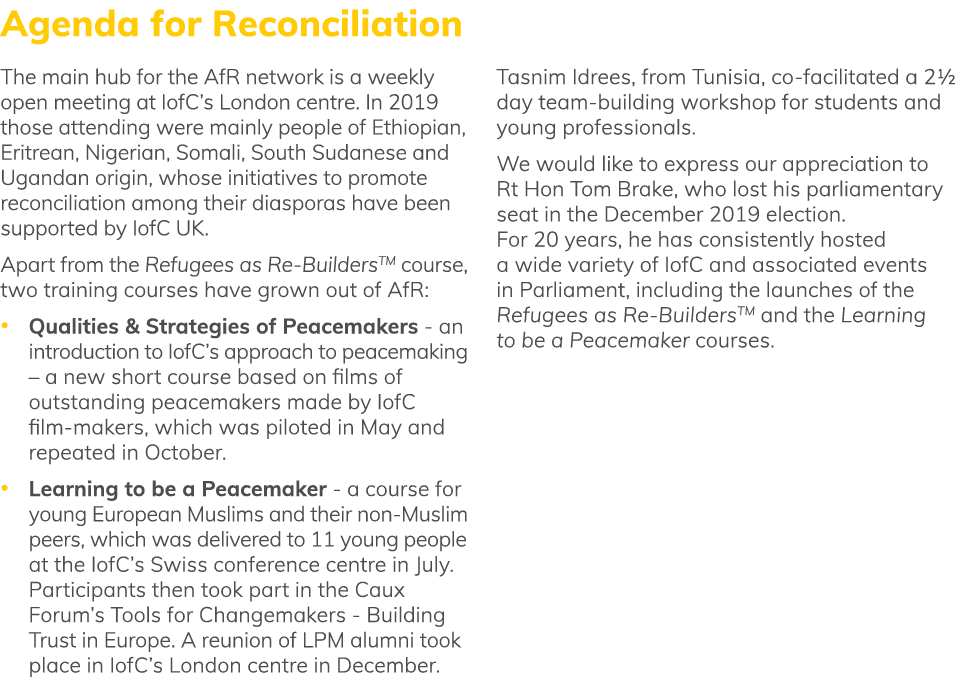 Agenda for Reconciliation The main hub for the AfR network is a weekly open meeting at IofC s London centre  In 2019    