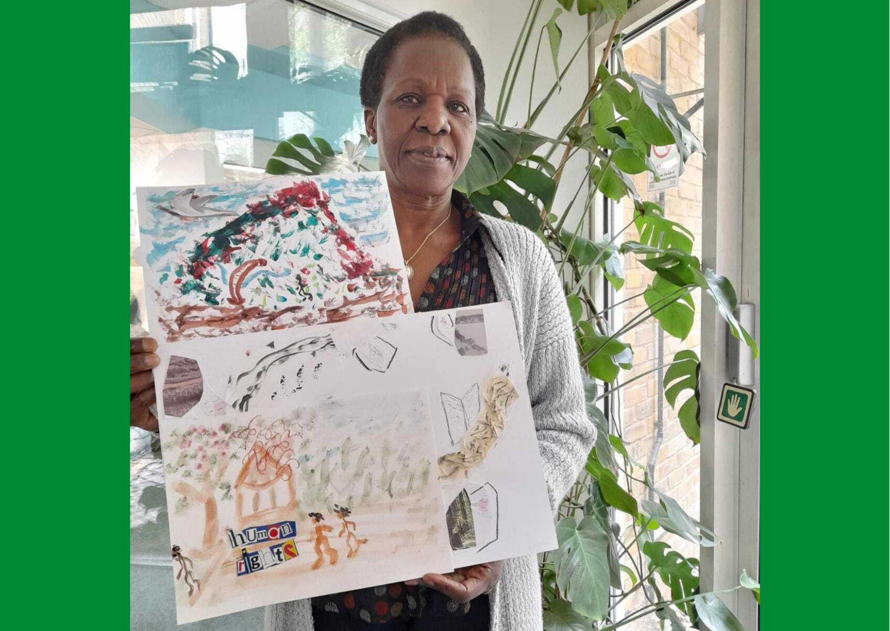 Photographed: Josephine Apira shares the art piece she created during the Hope in the HeART and Refugees as Re-Builders™ collaborative workshop to depict her journey from Uganda to the UK 