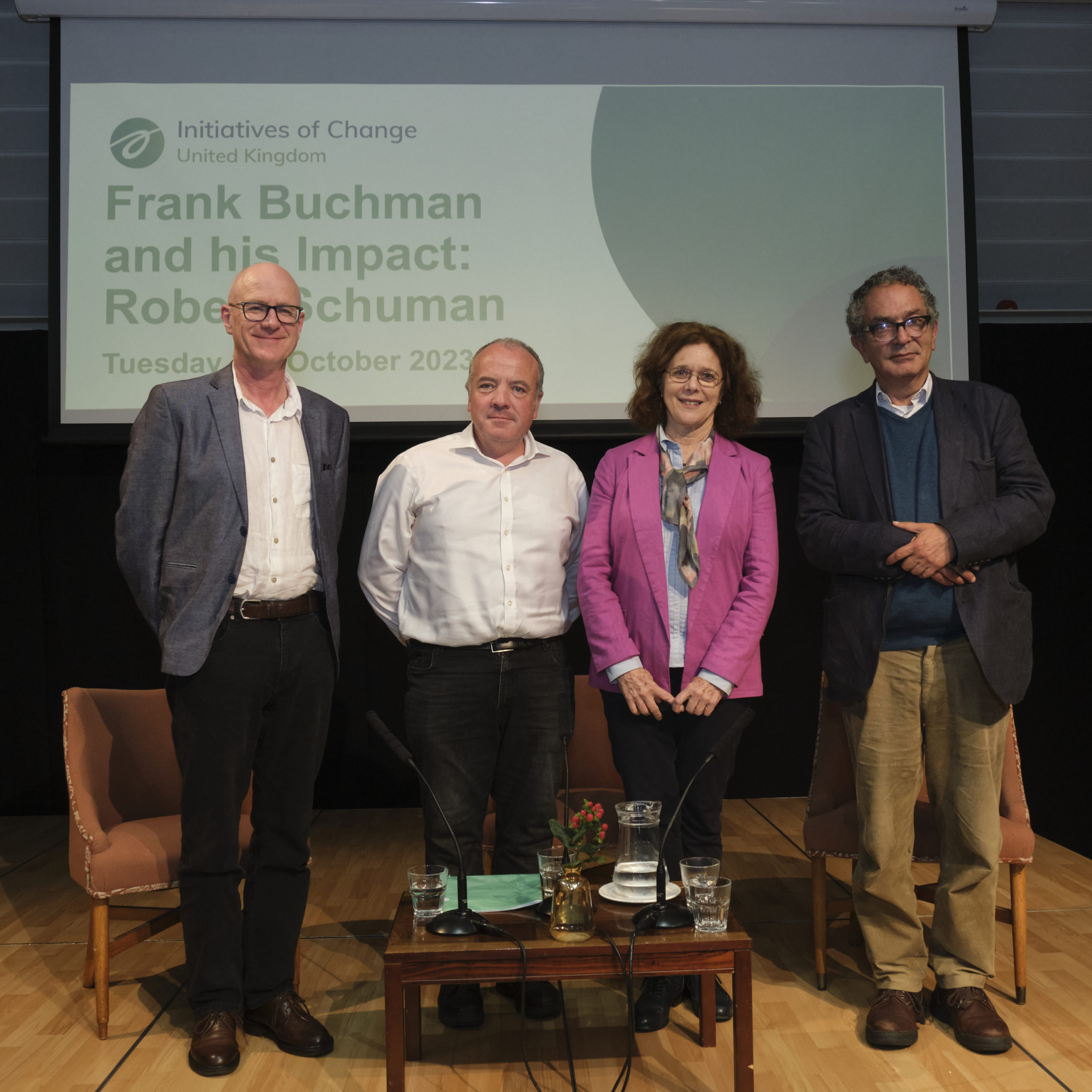 Dr Philip Boobbyer, Mike Kane MP, Margaret Cosesns (Chair of IofC UK), and Lord Maurice Glasman.